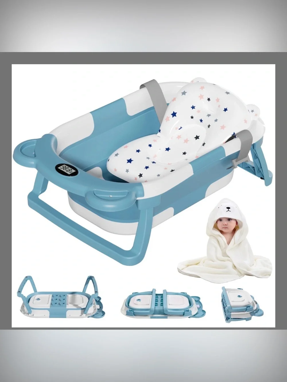 MoreFeel Collapsible Baby Bathtub For Newborn With Thermometer & 1 Hooded Towel